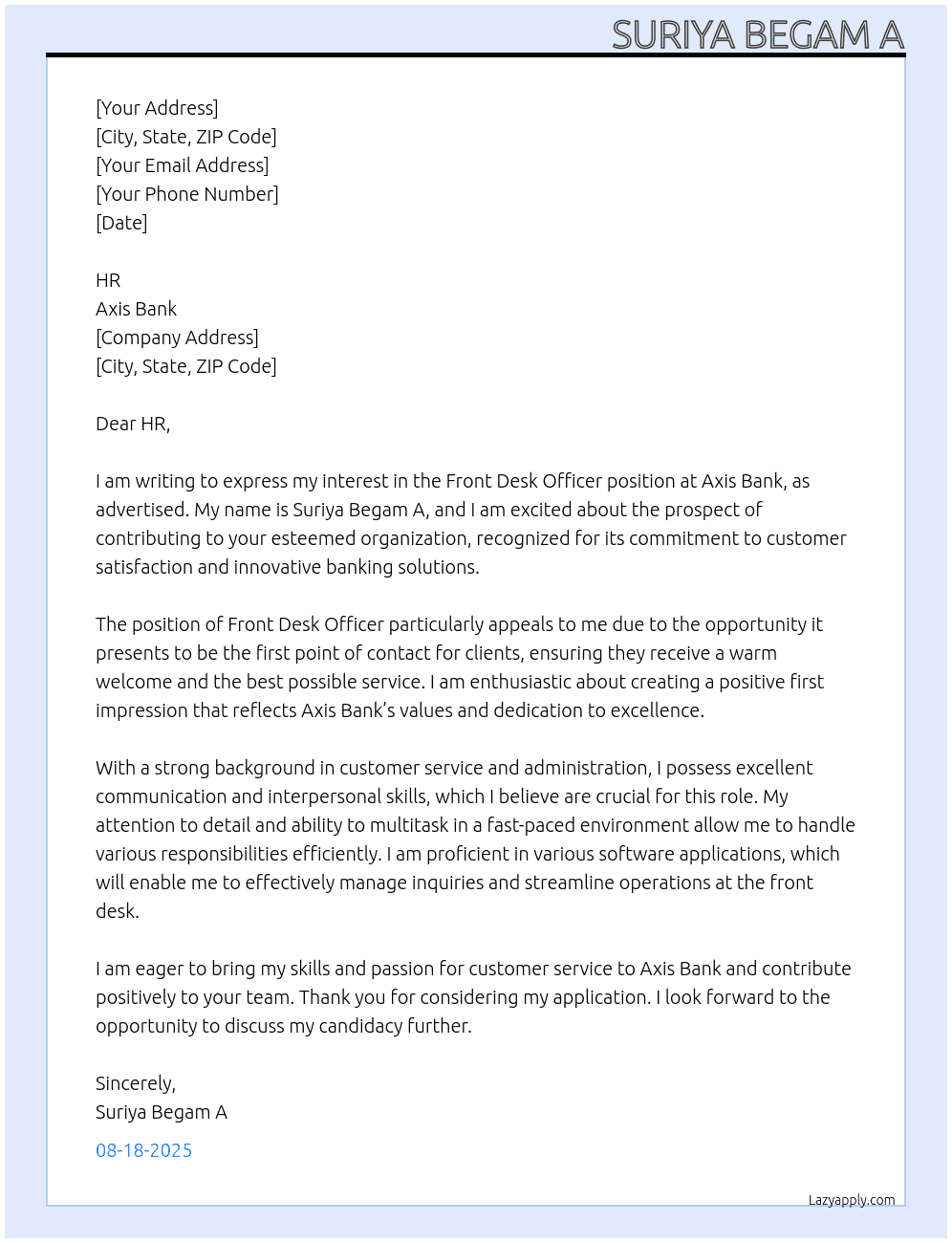 Front desk officer At Axis bank Cover Letter