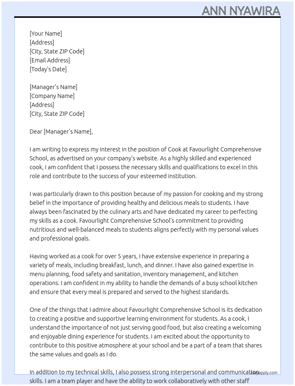 Cook At Favourlight Comprehensive School Cover Letter