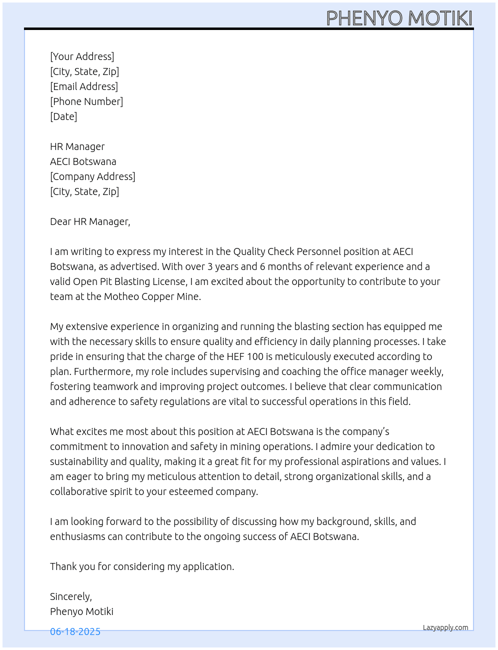 Quality Check Personnel At AECI Botswana Cover Letter