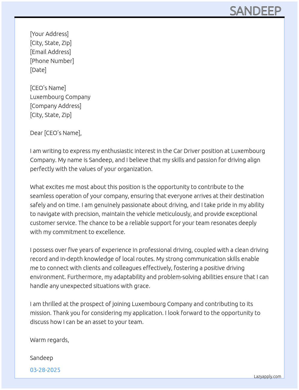 Car Driver At Luxembourg any company Cover Letter