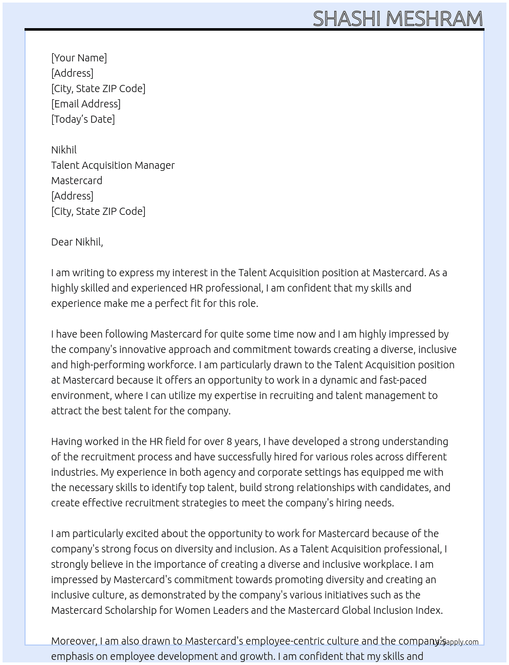 Cover letter for talent acquisition - LazyApply