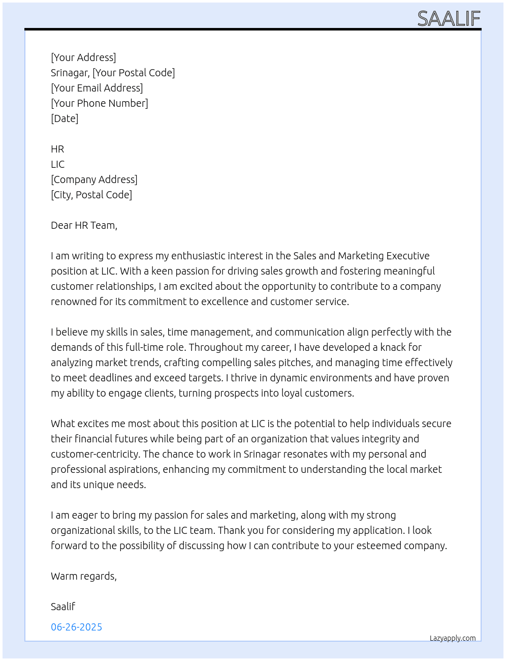 Sales and marketing executive At Lic Cover Letter