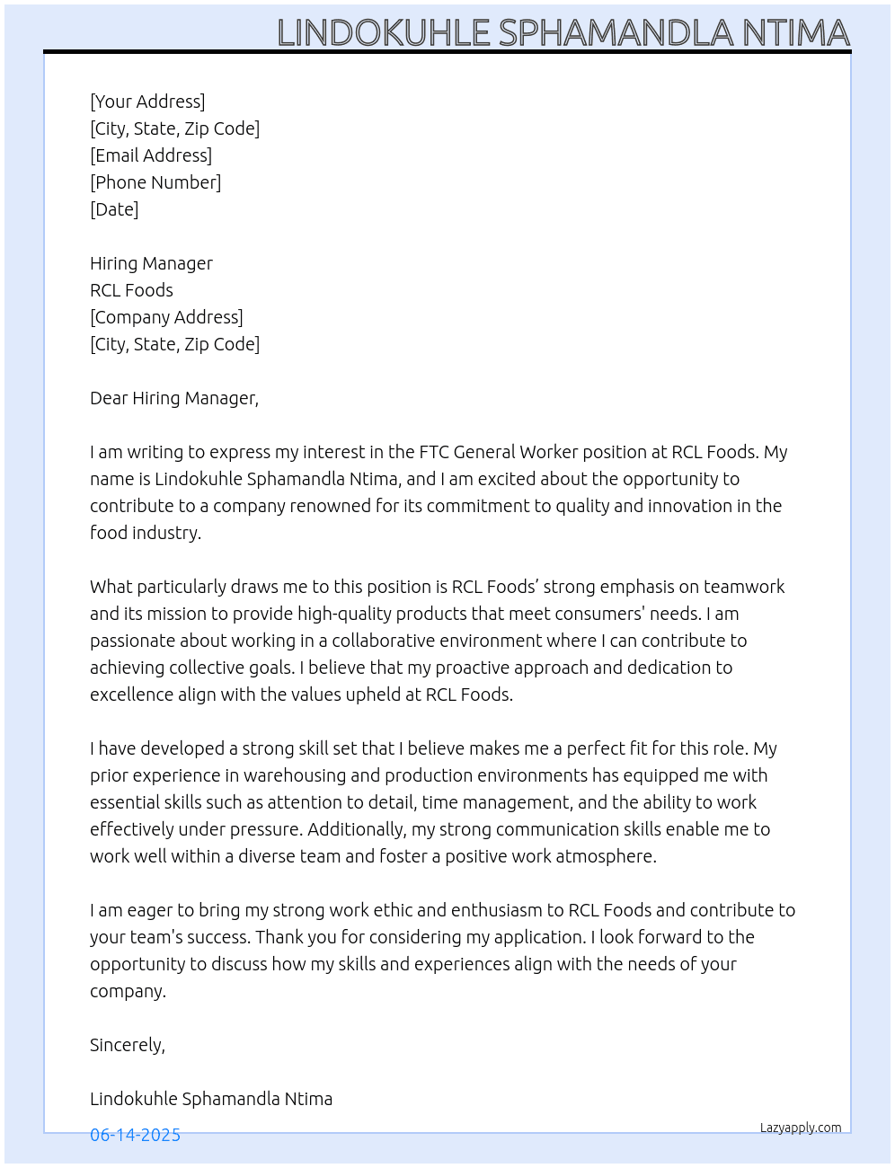 FTC General worker At RCL Foods Cover Letter