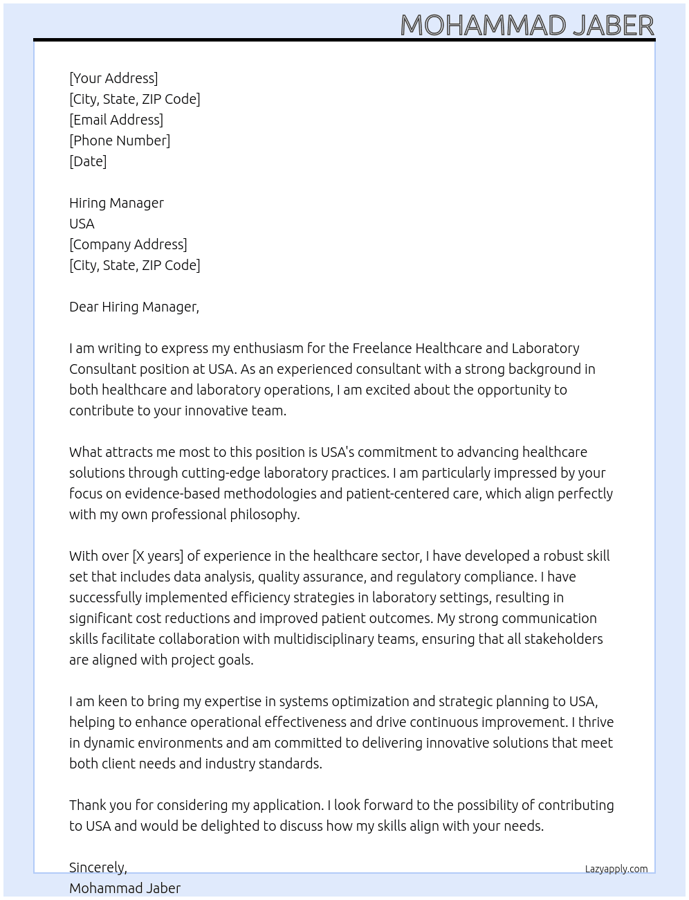 Freelance Healthcare and laboratory consultant At USA Cover Letter