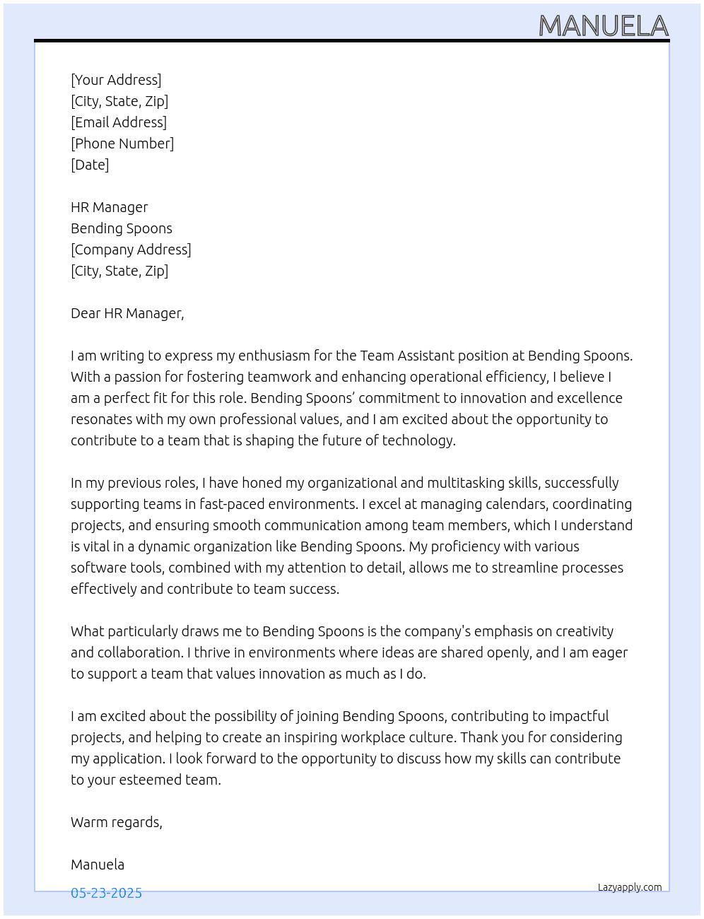 Team assistant  At Bending Spoons Cover Letter