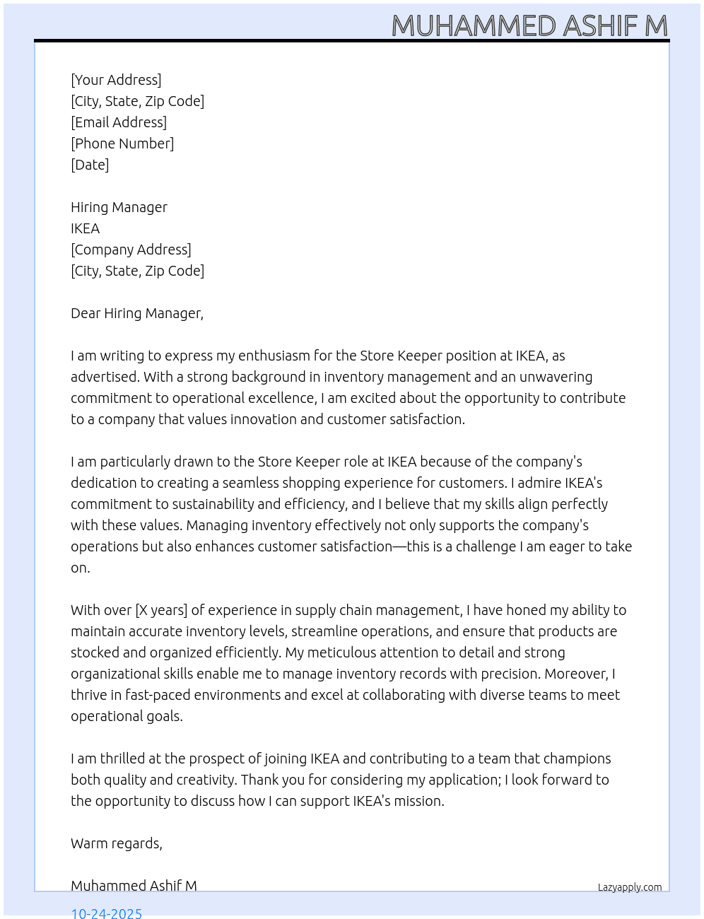 Store keeper At IKEA Cover Letter