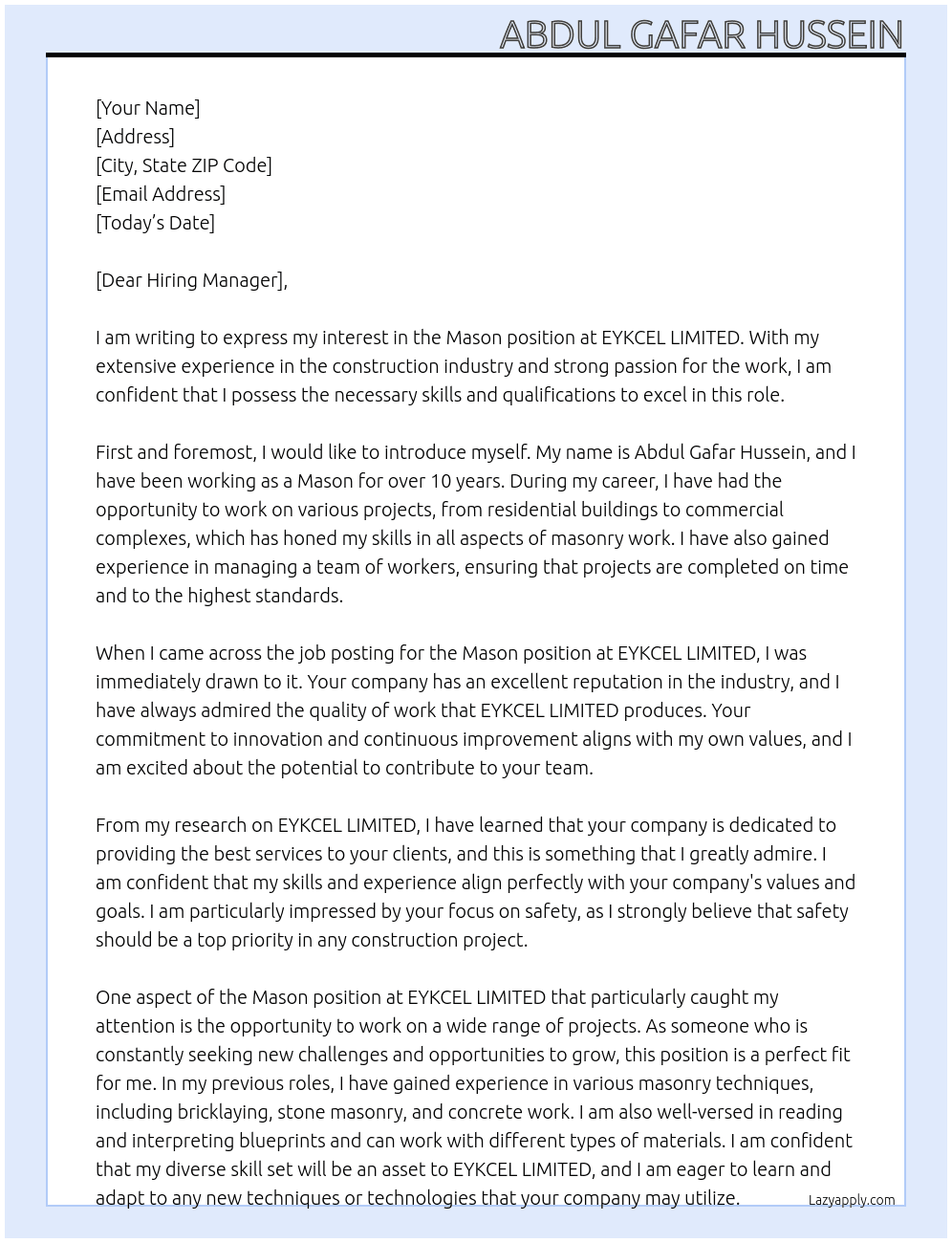 MASON At EYKCEL LIMITED Cover Letter