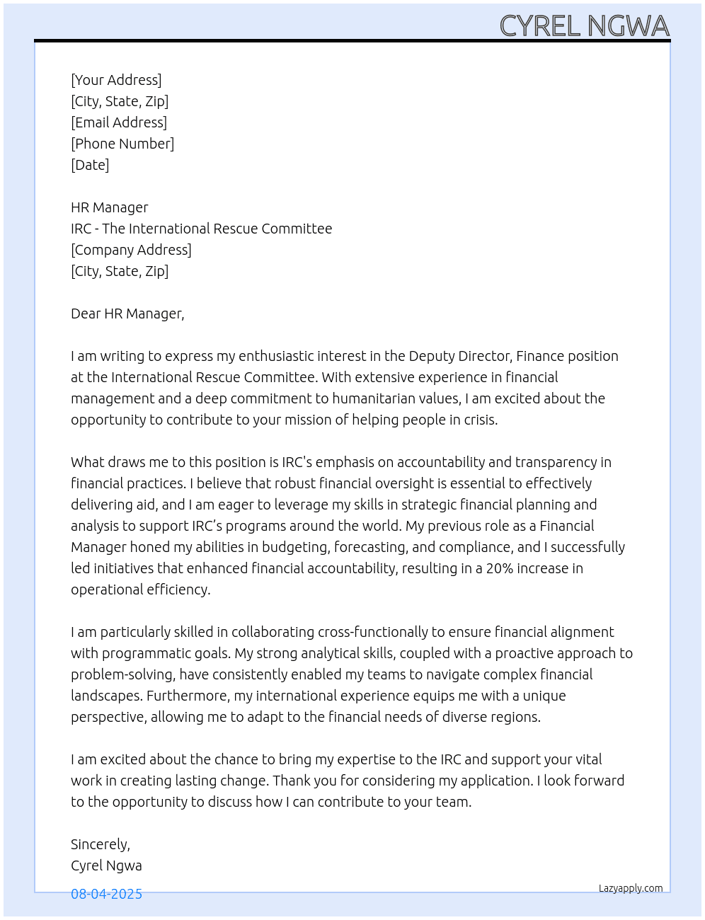 Deputy Director, Finance At IRC - The International Rescue Committee Cover Letter