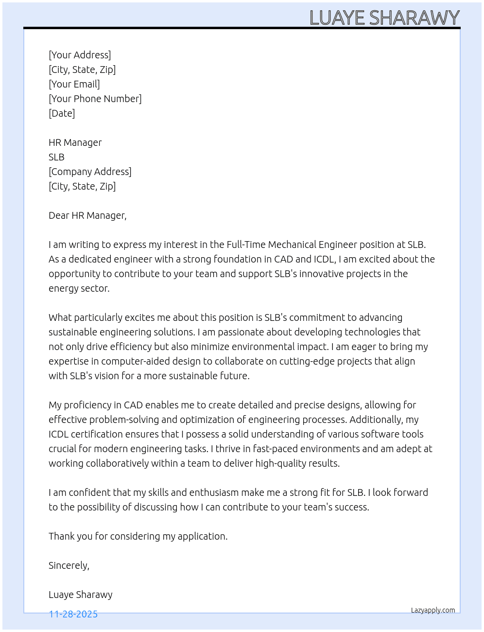 Mechanical Engineer At SLB Cover Letter