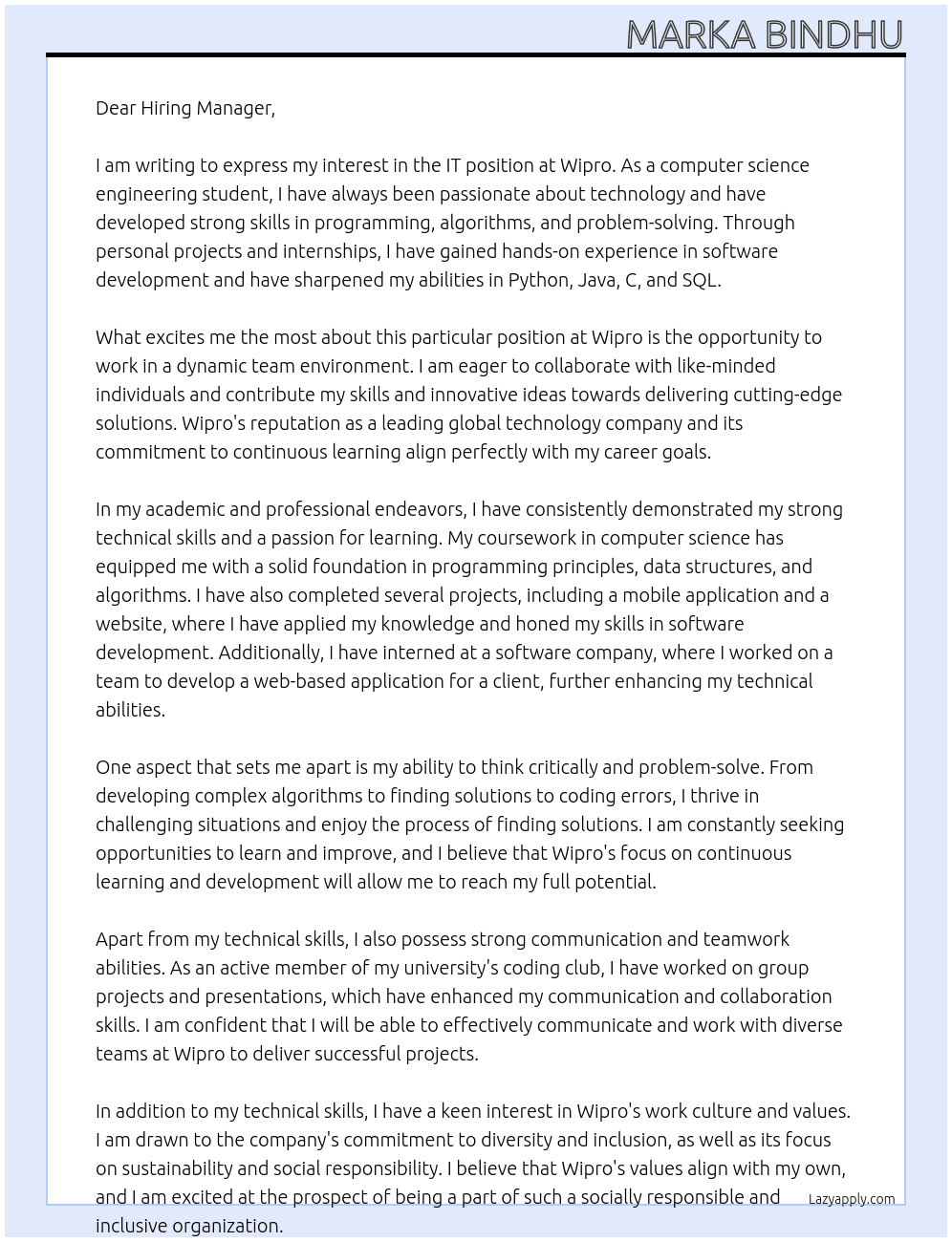 IT At Wipro Cover Letter