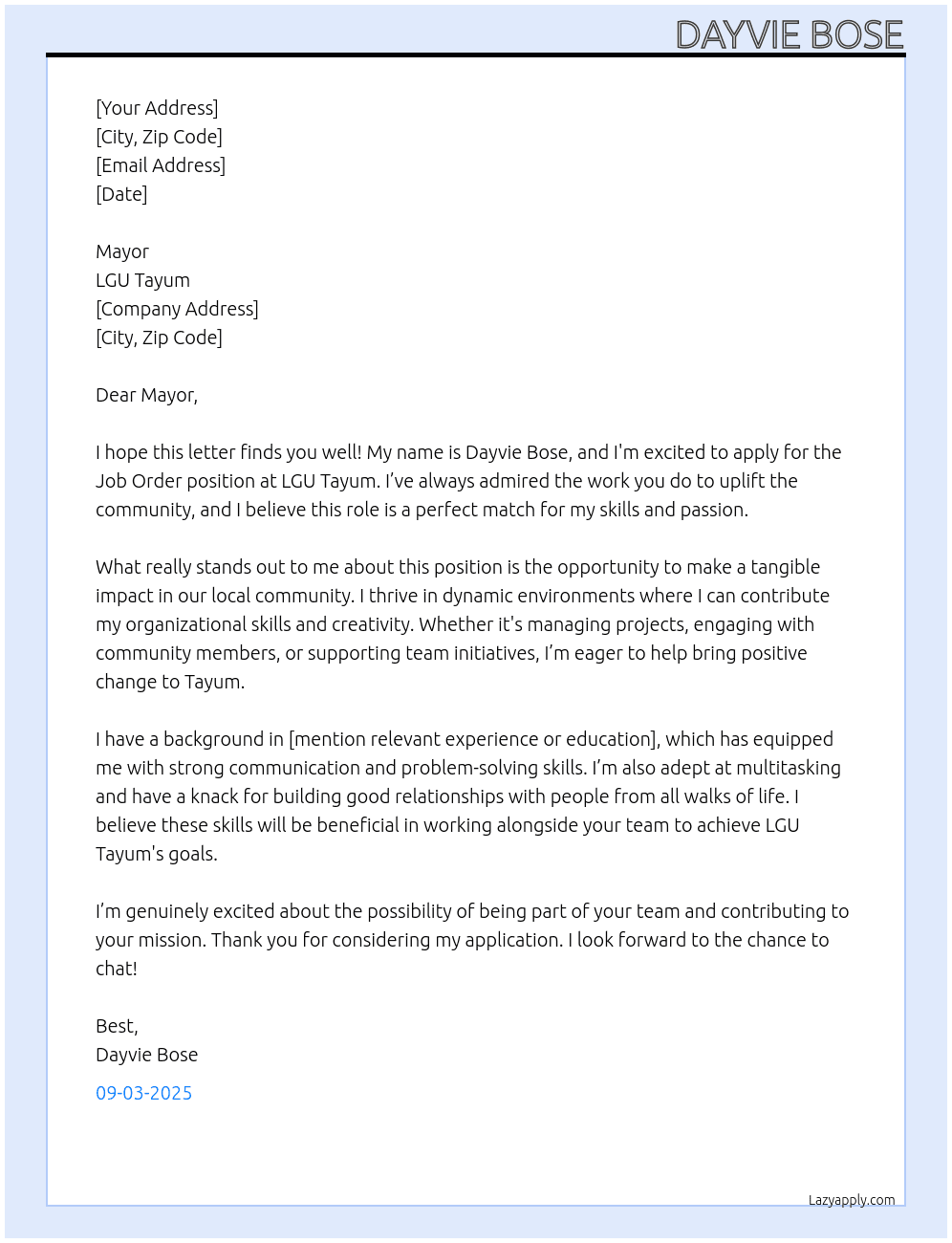 Job order At LGU TAYUM  Cover Letter