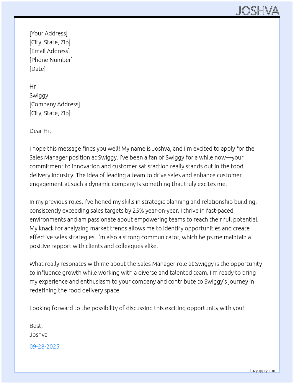 Sales manager  At Swiggy  Cover Letter