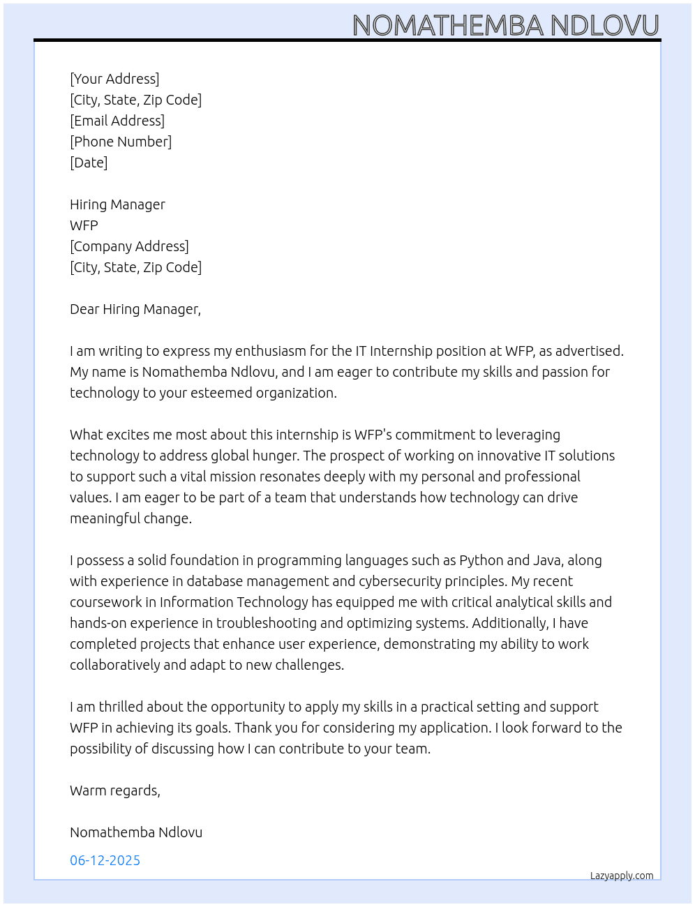IT Internship  At WFP Cover Letter