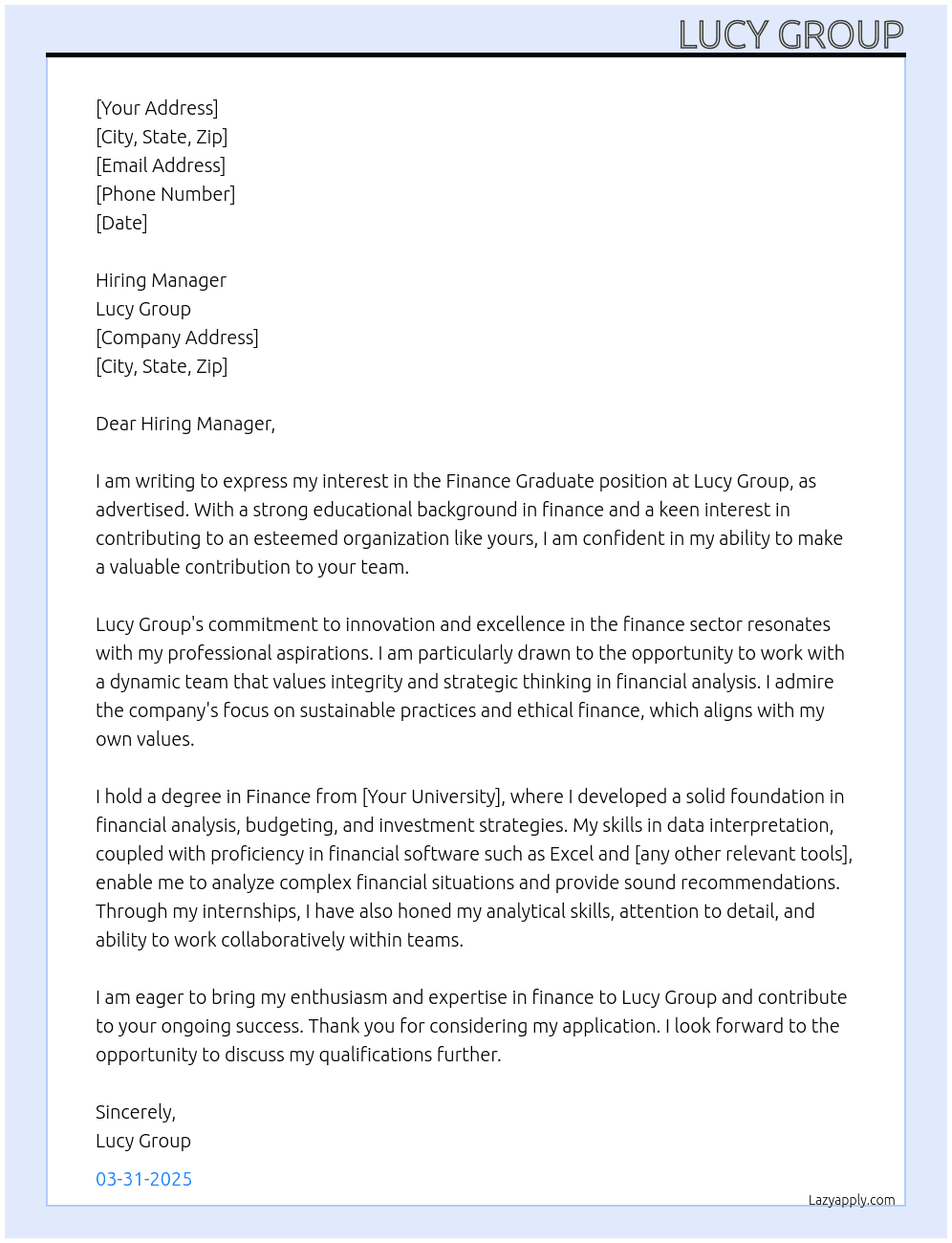 Finance Graduate At Lucy Group Cover Letter