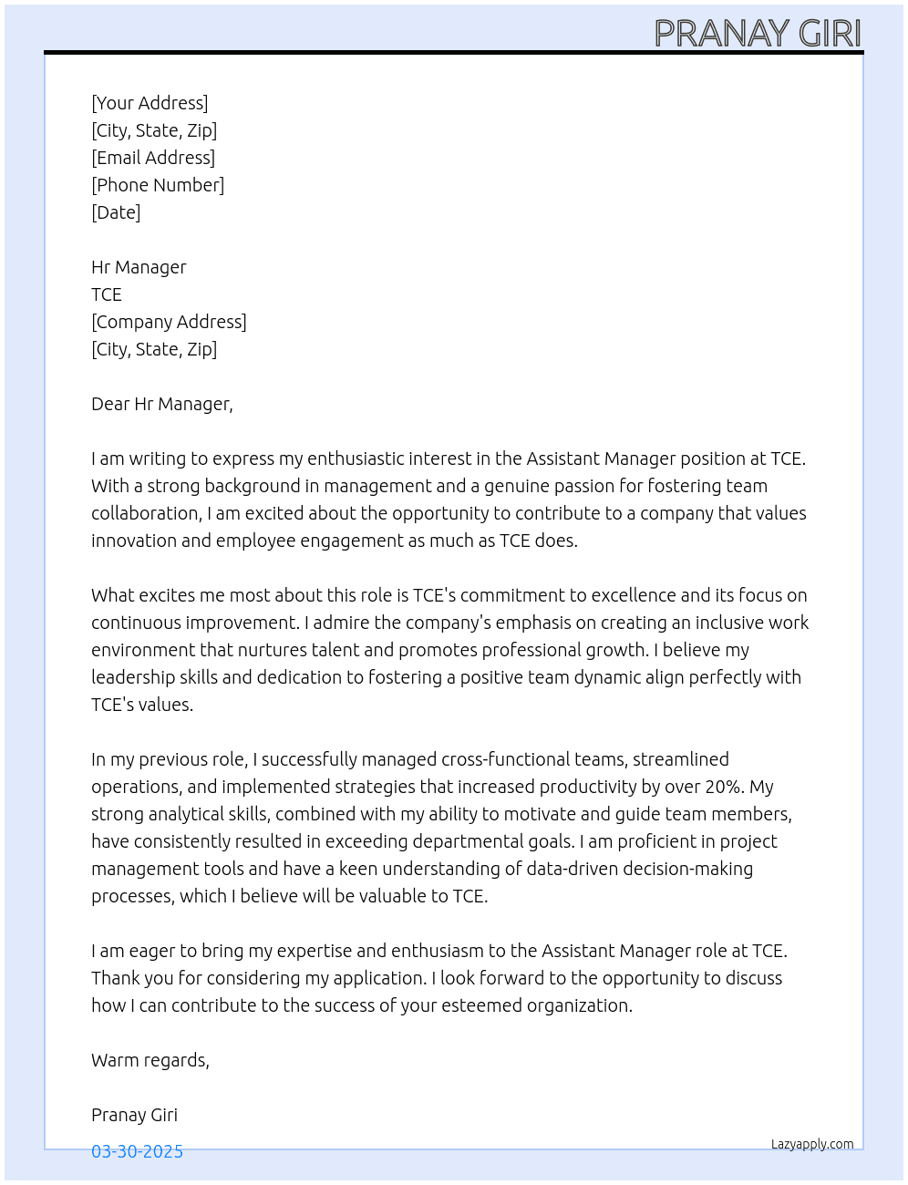 Assistant manager At TCE Cover Letter