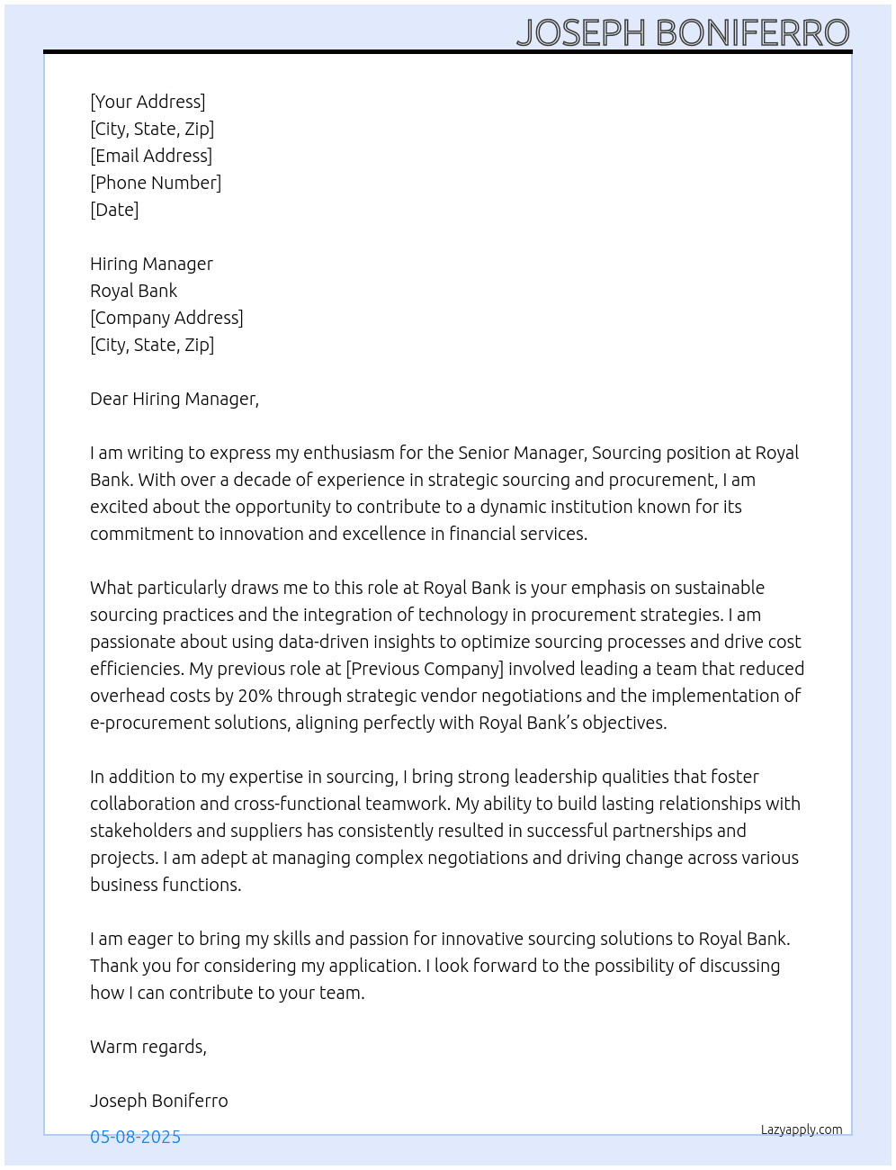 Cover letter for senior manager, sourcing - LazyApply