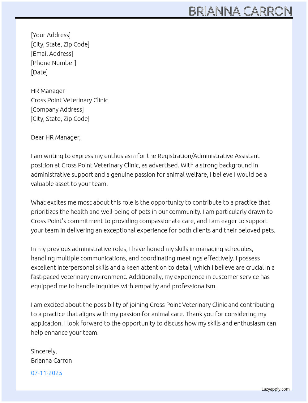 Registration/Administrative Assistant At Cross Point Veterinary Clinic Cover Letter