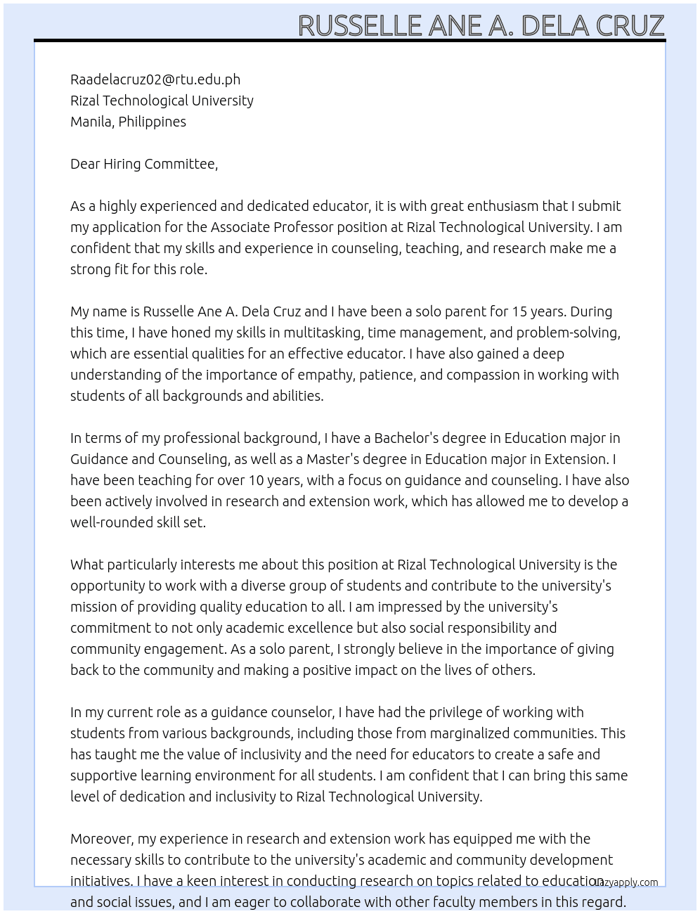 Associate Professor At Rizal Technological University Cover Letter