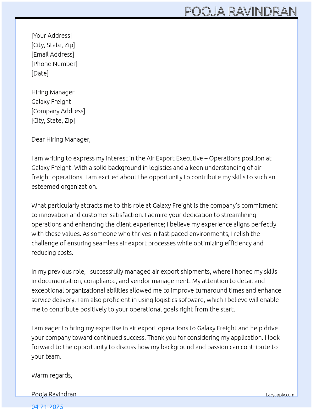 Air Export Executive – Operations At Galaxy Freight  Cover Letter