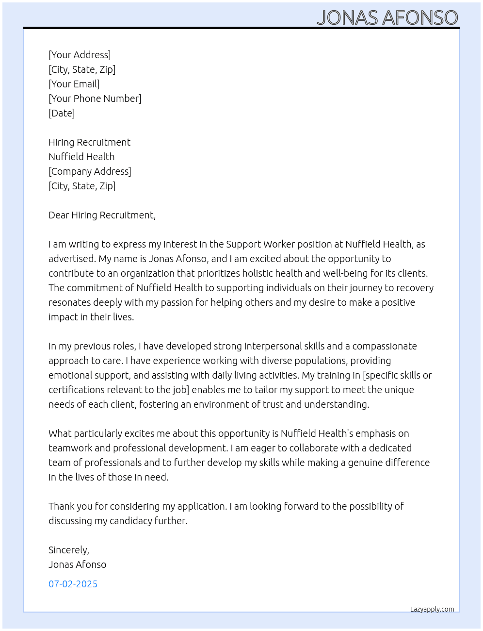 Support worker At Nuffield health Cover Letter