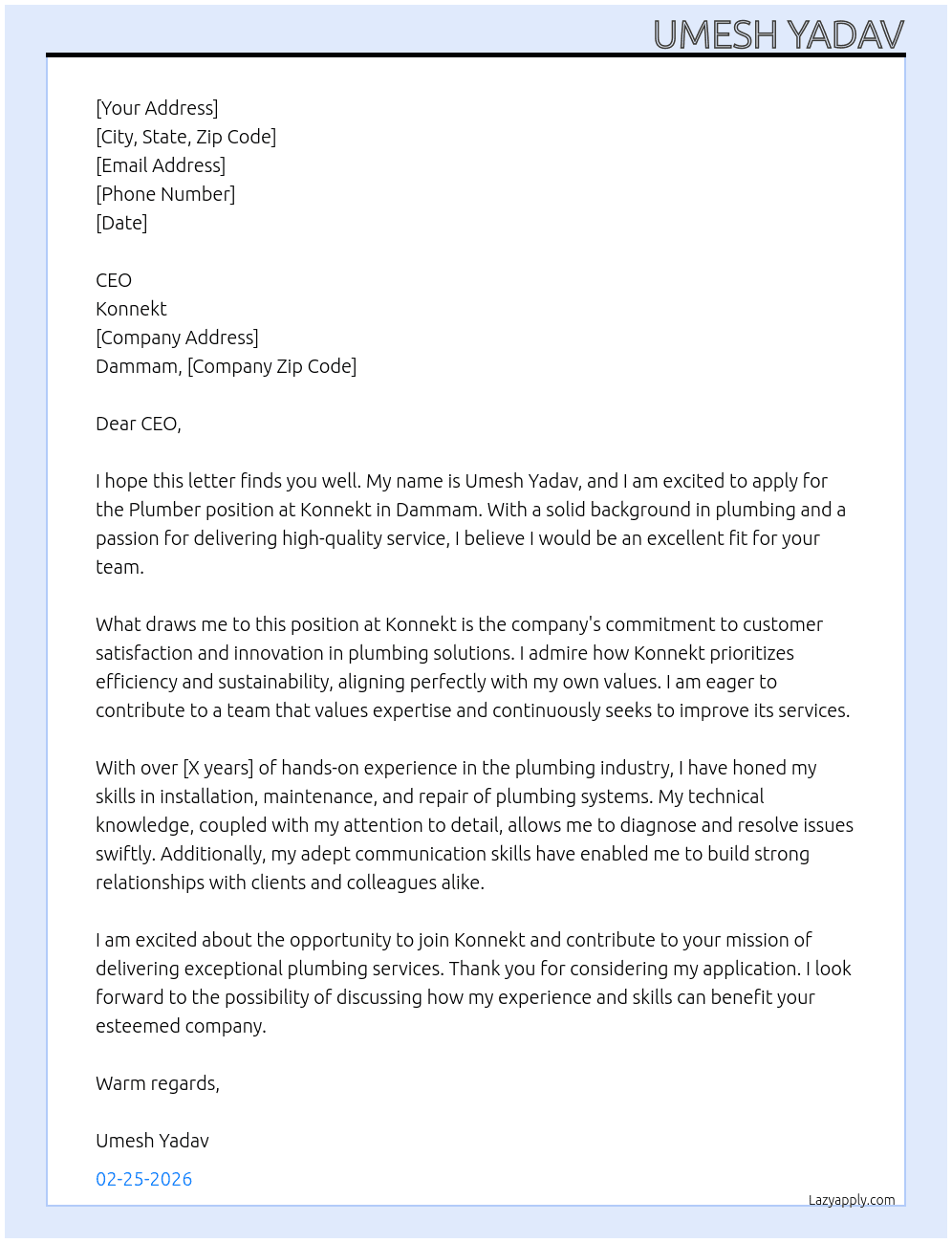 Cover letter for plumber - LazyApply