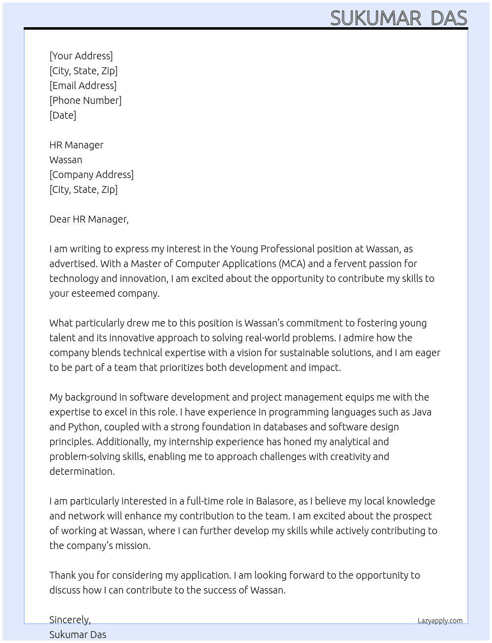 Young Professional At wassan Cover Letter