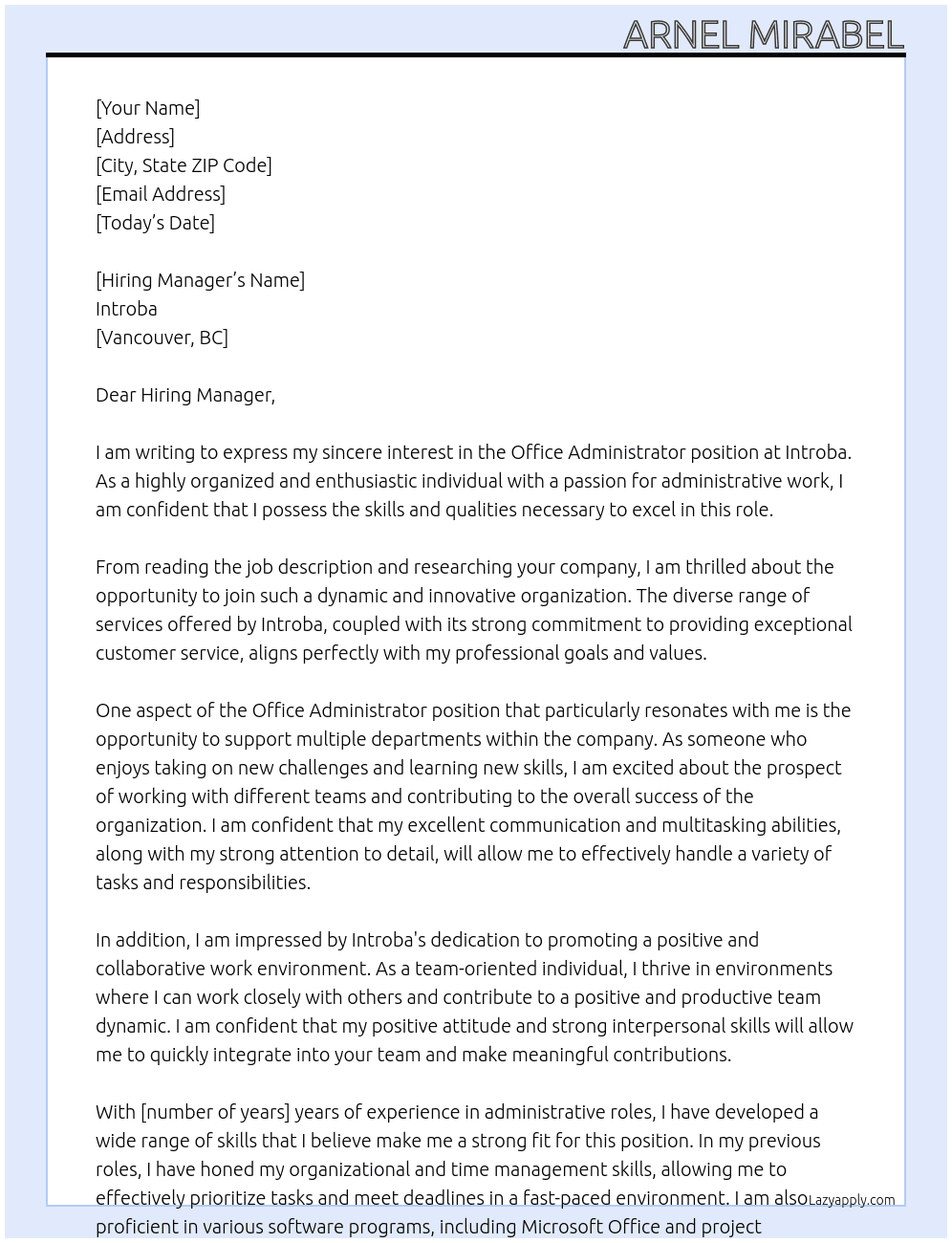 Office Administrator At Introba Vancouver, BC Cover Letter