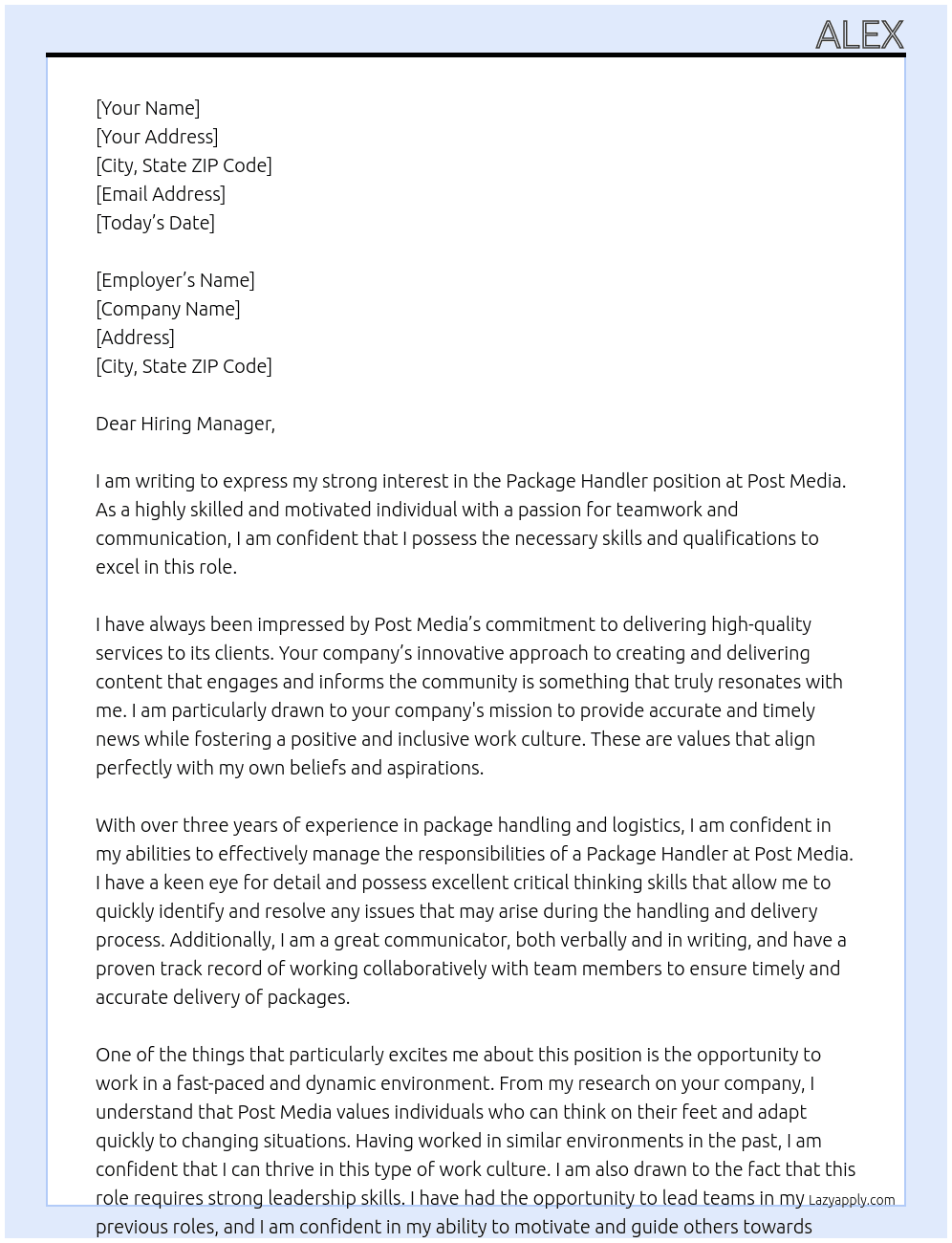 Package Handler  At Post Media  Cover Letter