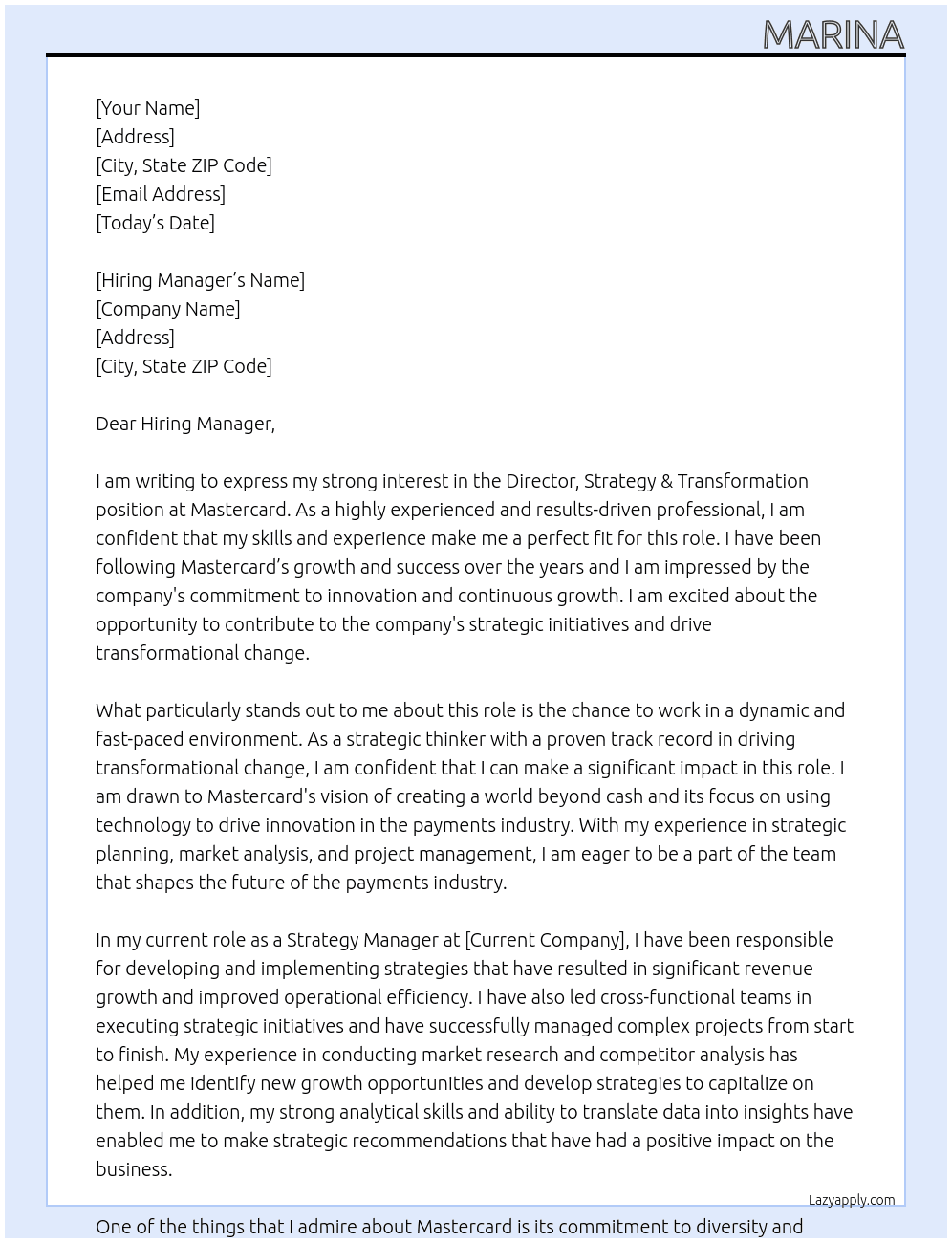 Cover letter for director, strategy & transformation - LazyApply