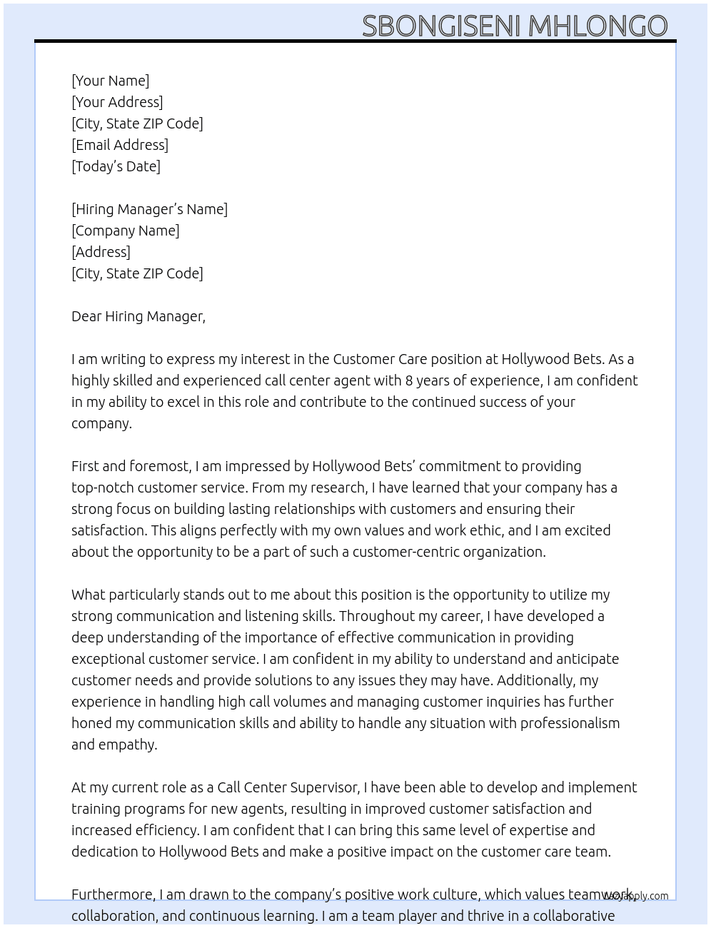 Customer Care  At Hollywood Bets  Cover Letter