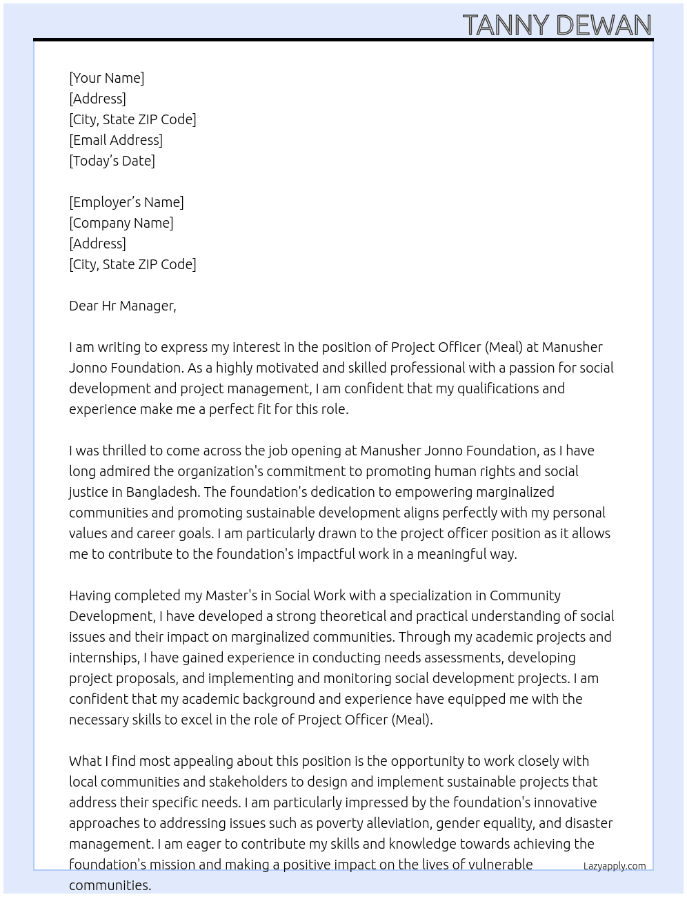 Project officer (Meal) At Manusher Jonno Foundation Cover Letter