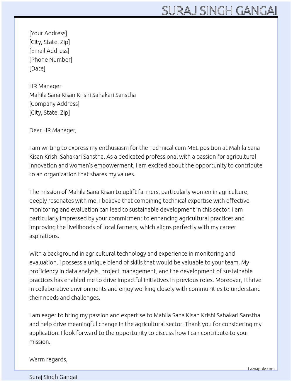 Cover letter for technical cum mel - LazyApply
