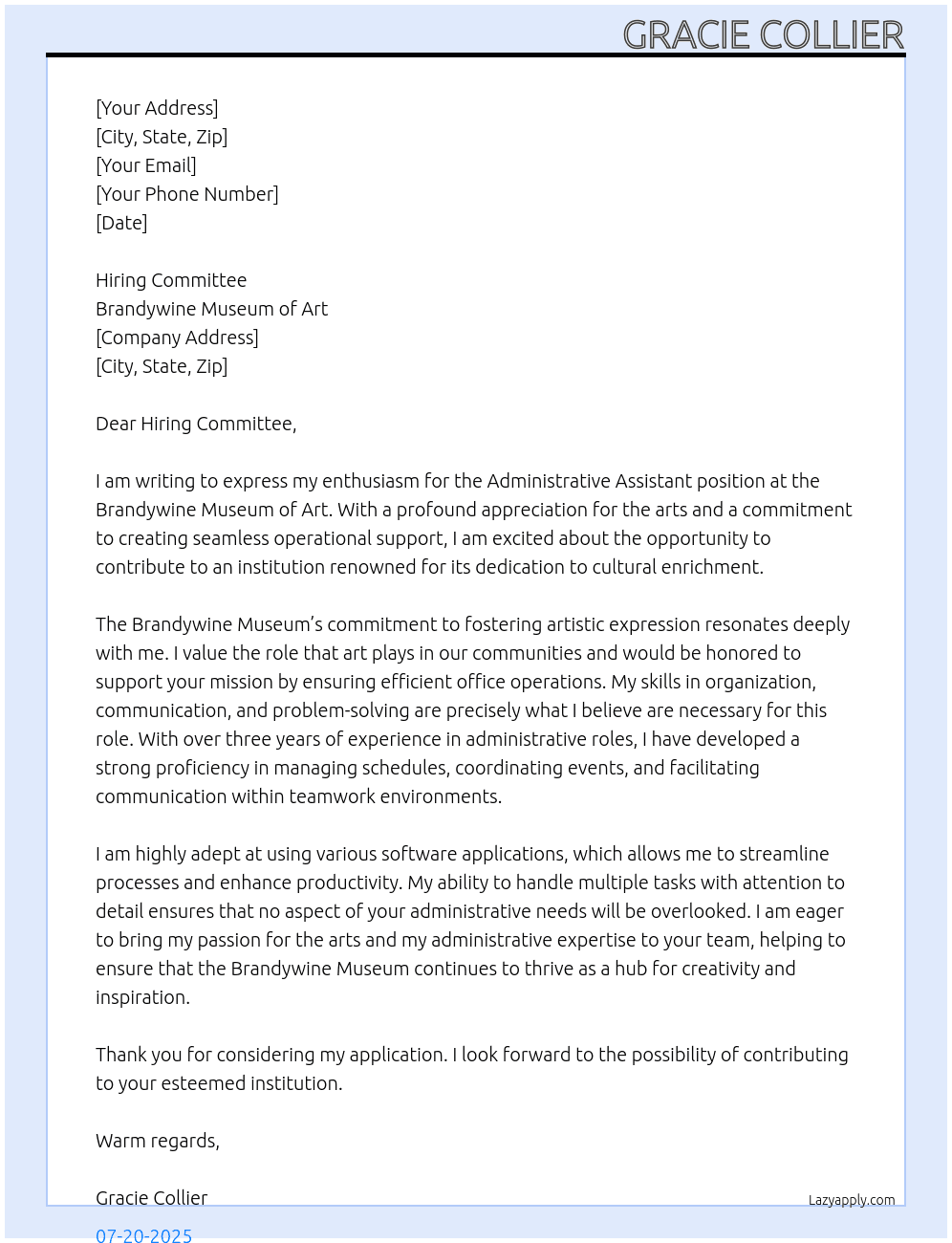 Administrative Assistant At Brandywine Museum of Art Cover Letter