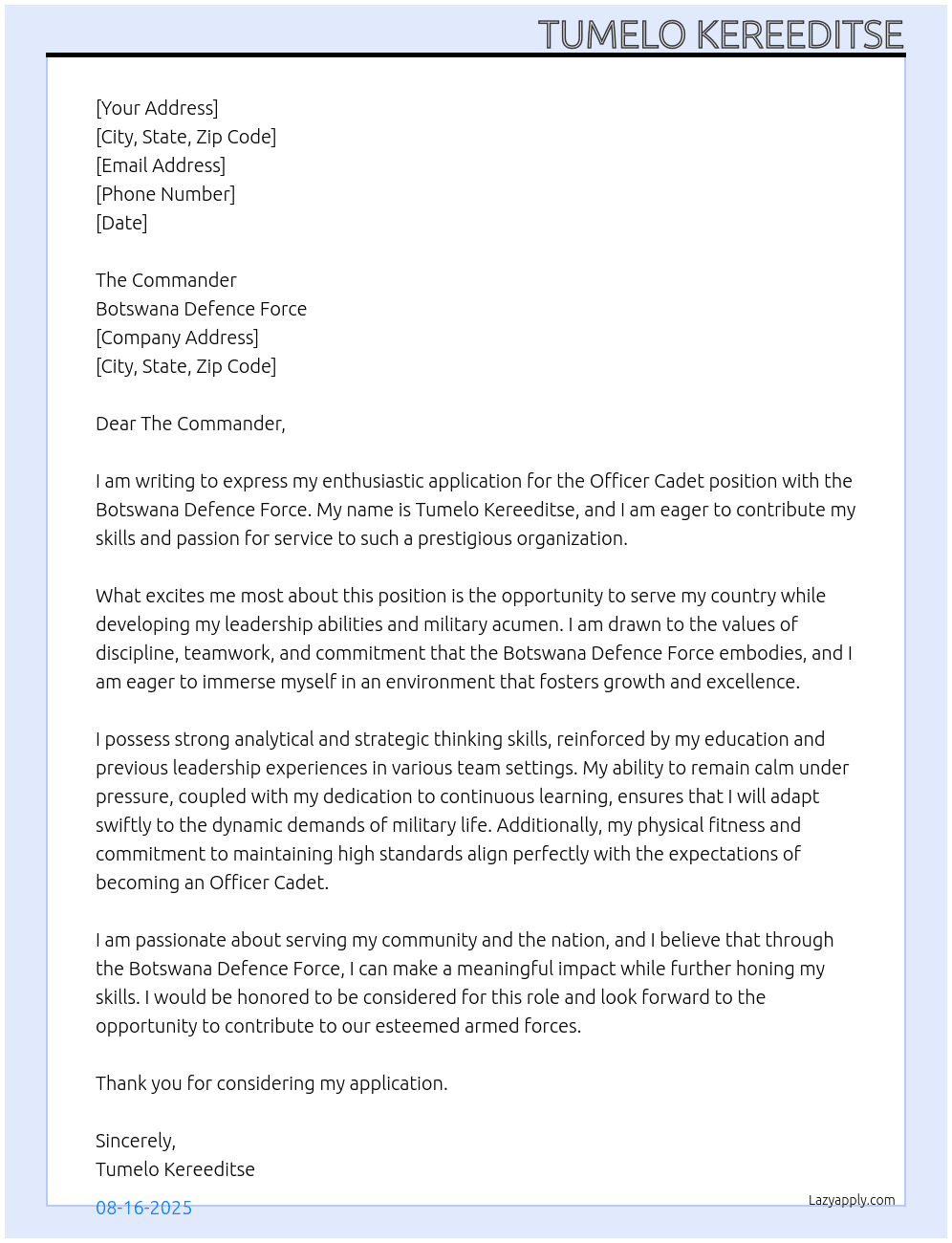 Cover letter for officer cadet - LazyApply