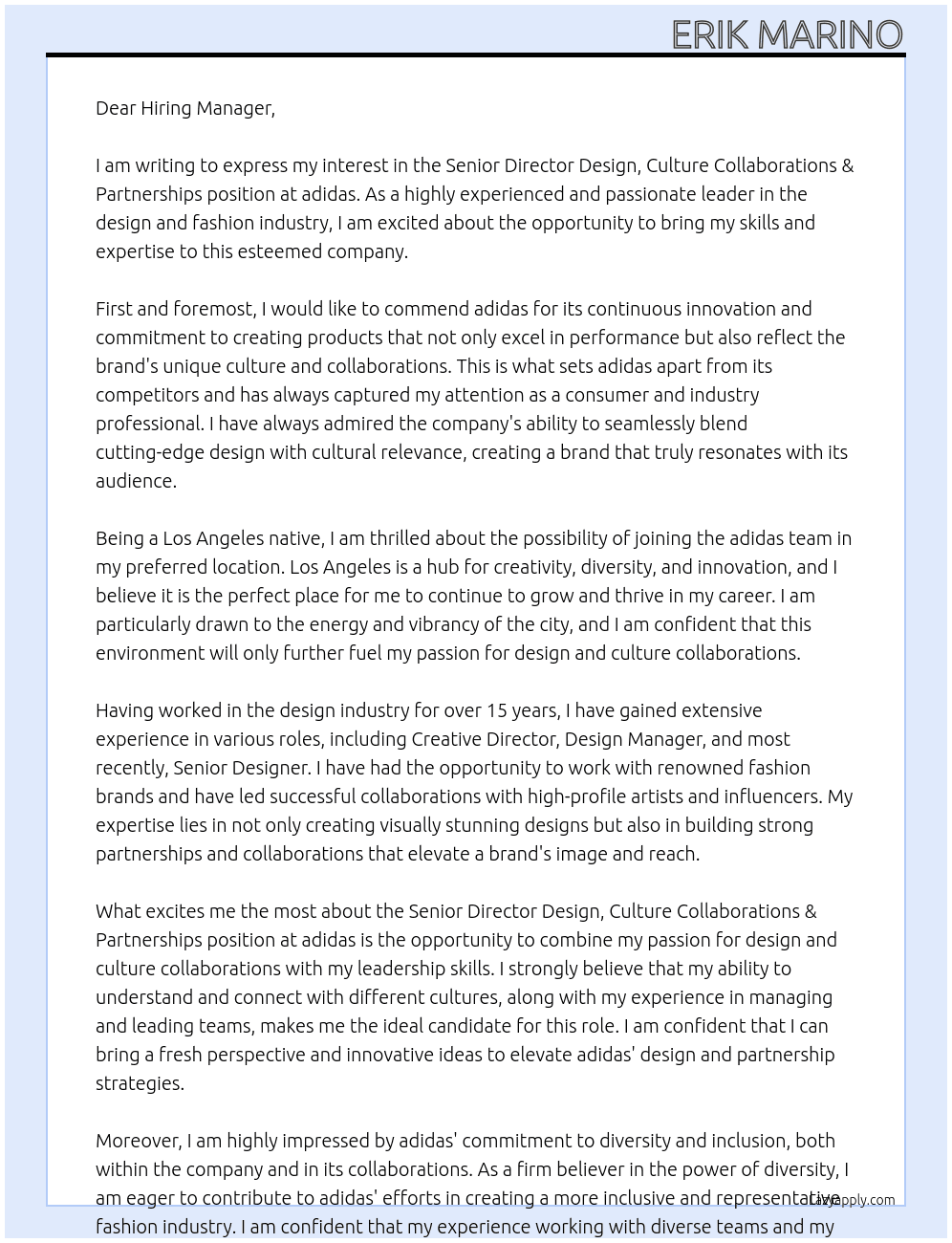 Cover letter for senior director design, culture collaborations & partnerships - LazyApply