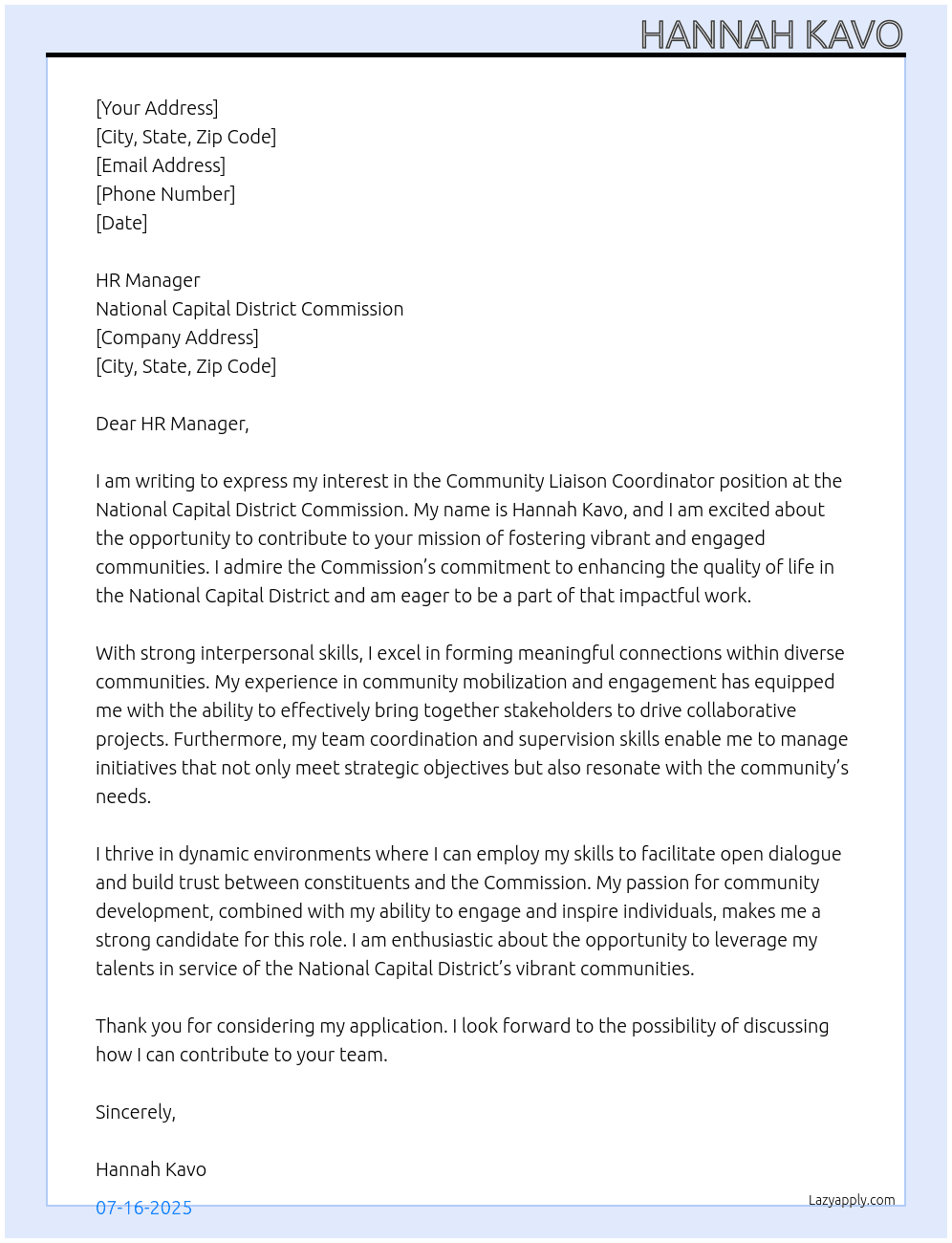 Community Liason Coordinator  At National Capital District Commission  Cover Letter