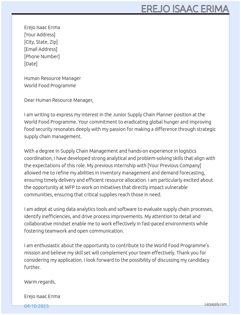 Junior Supply Chain Planner (Roster) At World food program  Cover Letter