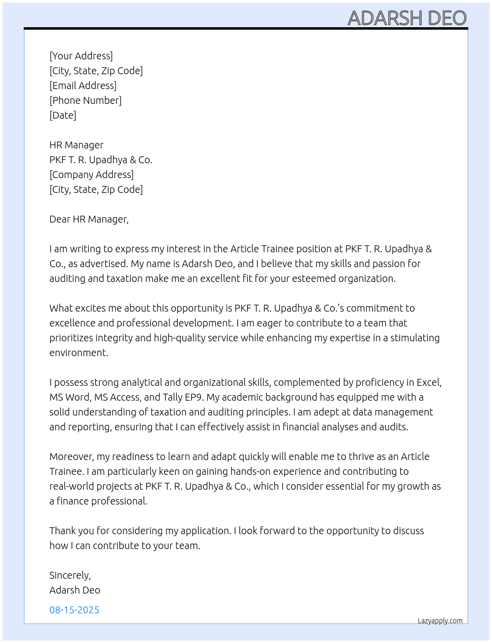 Article Trainee At PKF T. R. Upadhya & Co. Cover Letter