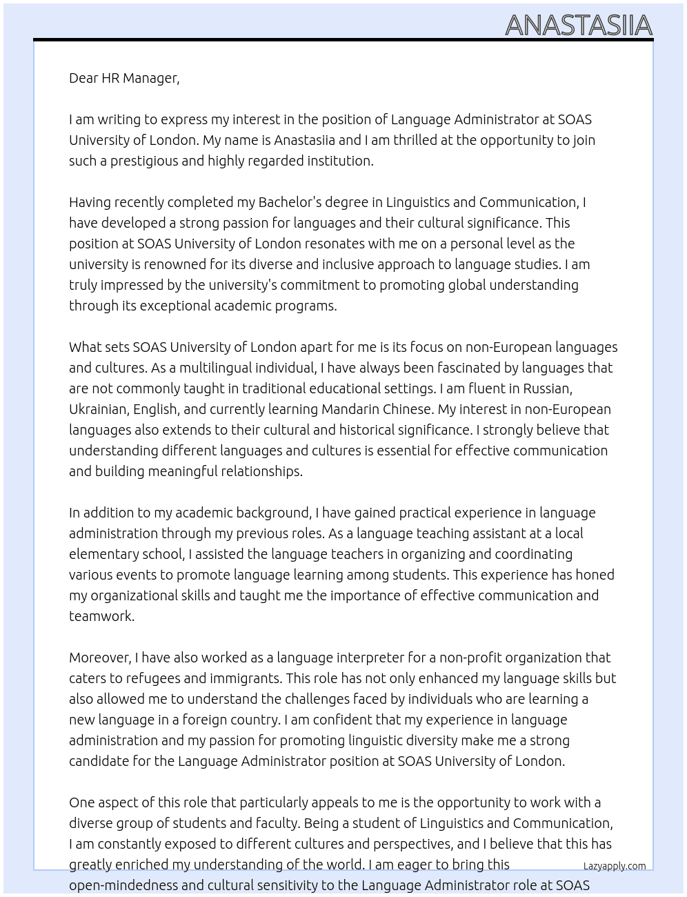 Cover letter for language administrator - LazyApply