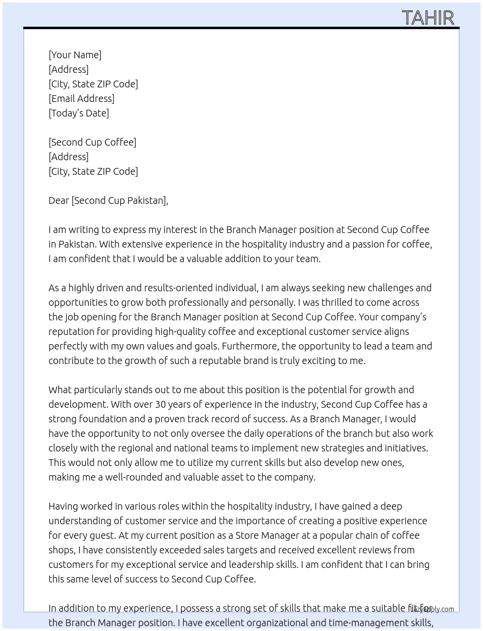 branch manager At Second Cup Coffee Cover Letter