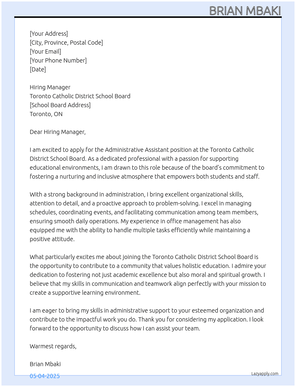 Administrative Assistant At Toronto Catholic District School Board Cover Letter