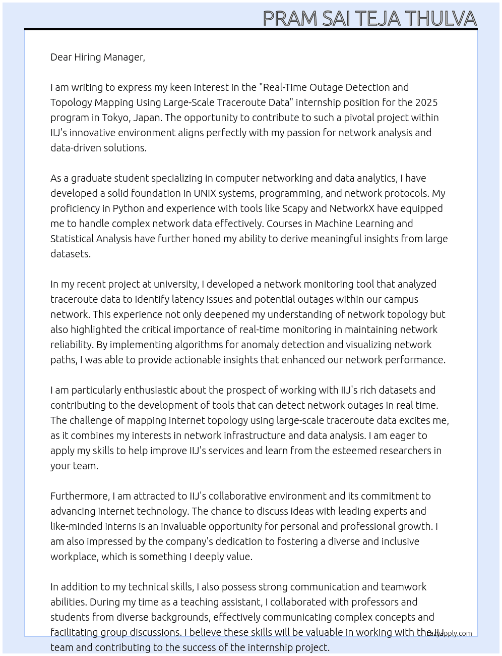 Real-Time Outage Detection and Topology Mapping Using Large-Scale Traceroute Data At iijlab internship Cover Letter