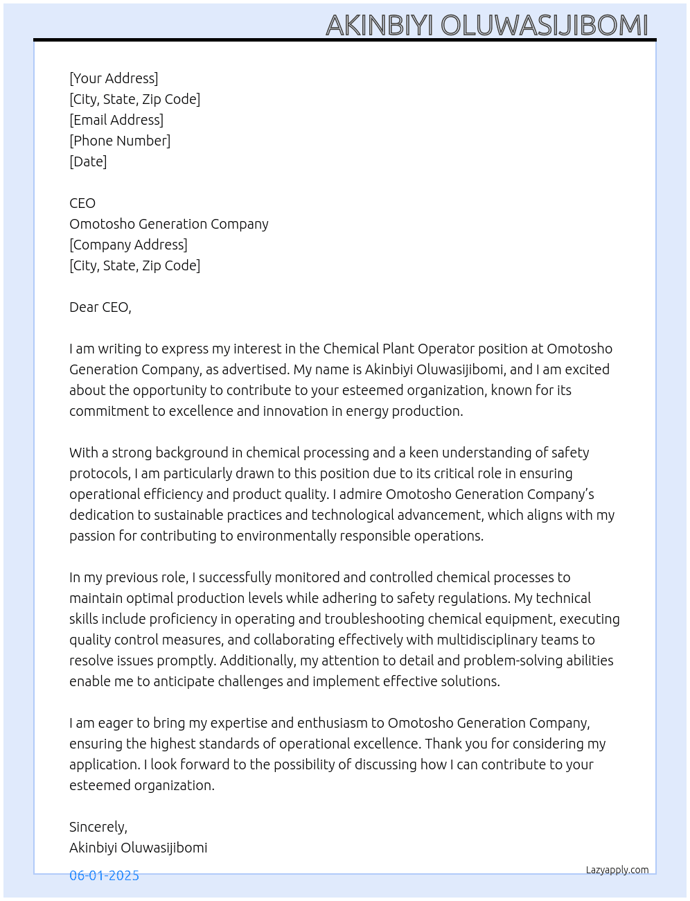 CHEMICAL PLANT OPERATOR  At OMOTOSHO GENERATION COMPANY  Cover Letter