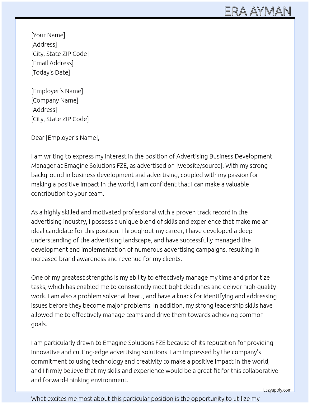 Advertising Business Development Manager At Emagine Solutions FZE Cover Letter