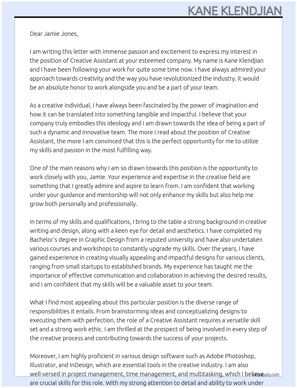 creative assistant At jamie jones Cover Letter