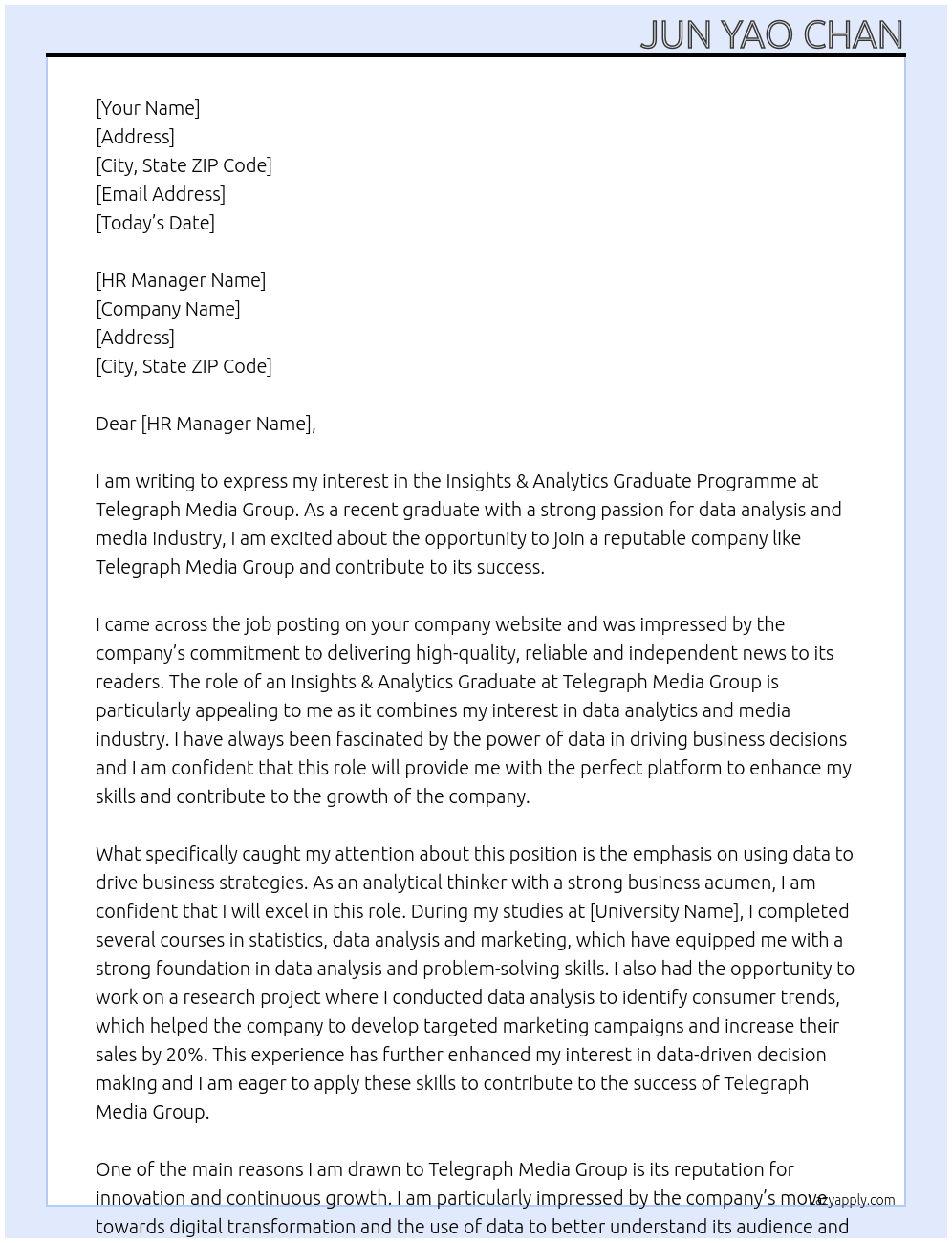 Cover letter for insights & analytics graduate programme - LazyApply