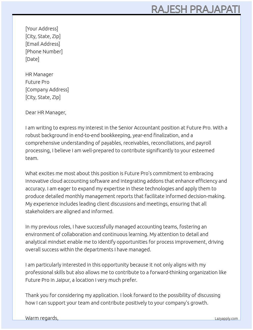 Senior Accountant At Future Pro Cover Letter