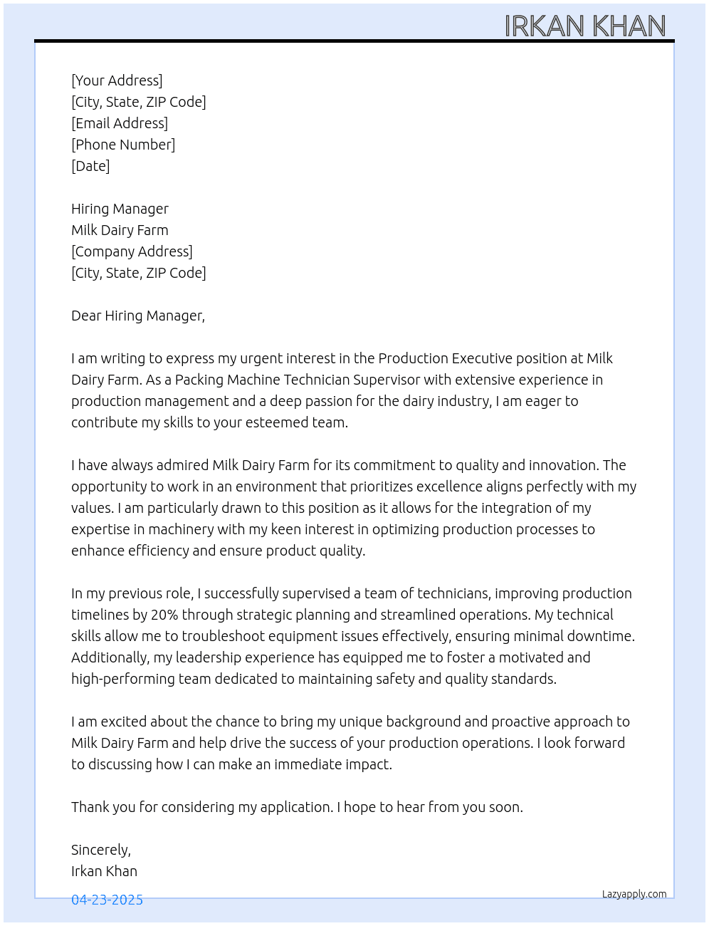 Production executive  At Milk dairy farm  Cover Letter