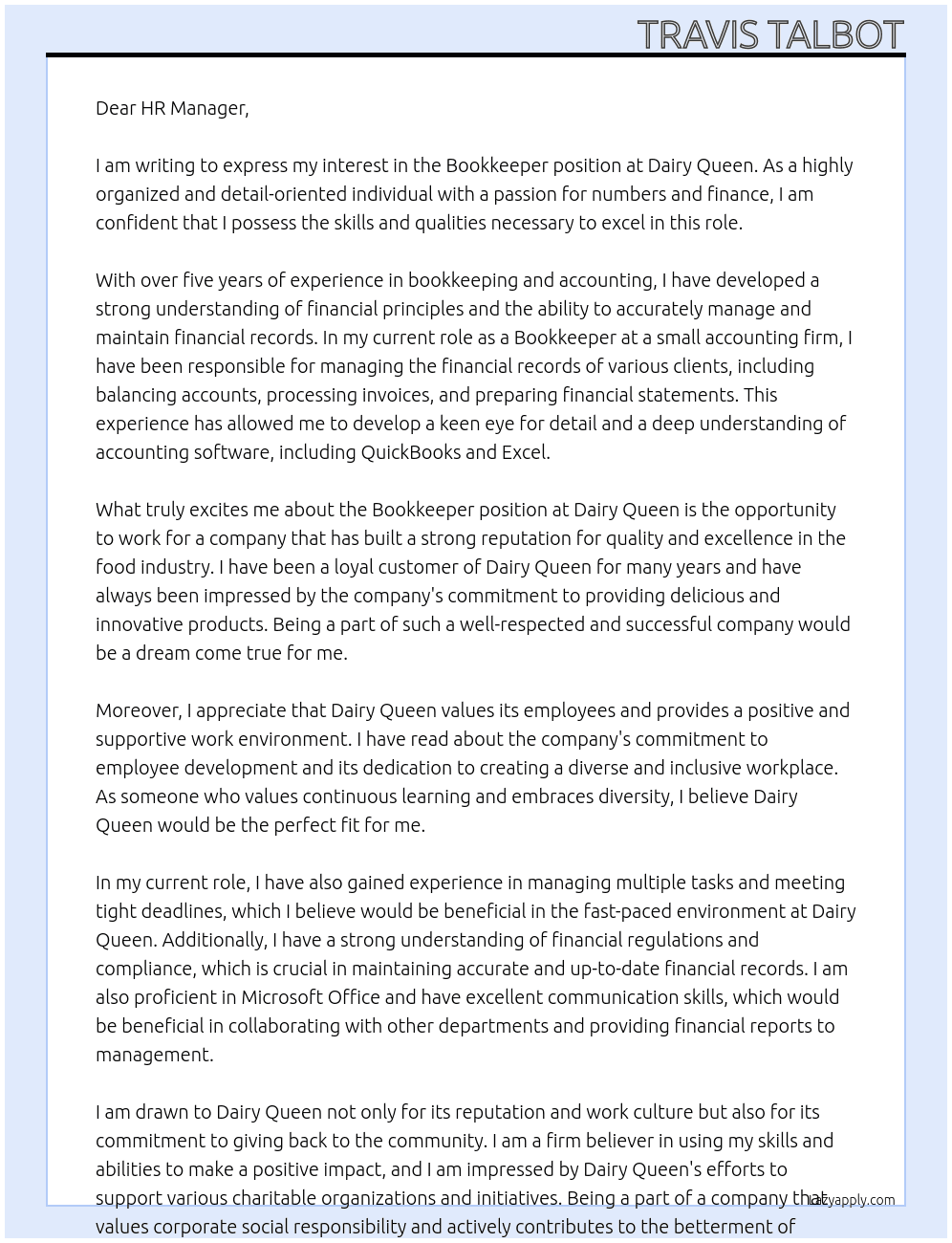 Bookkeeper At Dairy Queen Cover Letter