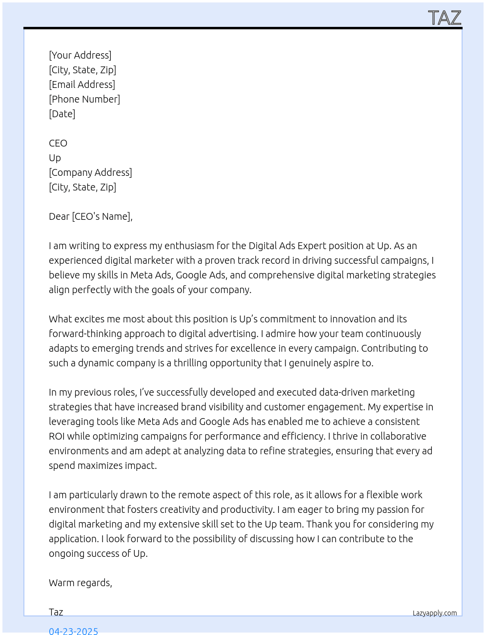 Digital Ads Expert At Up Cover Letter